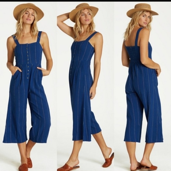 Billabong Paint The Town Wide-leg Button-Down Cropped Jumpsuit in Blue Stripe, M - Picture 2 of 14